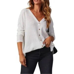 Vici White V-Neck Waffle Button-Up Top